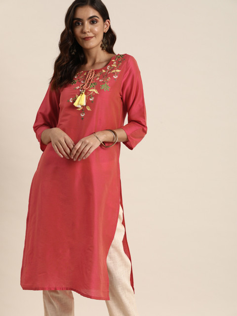 

all about you Women Pink Floral Embroidered Floral Kurta