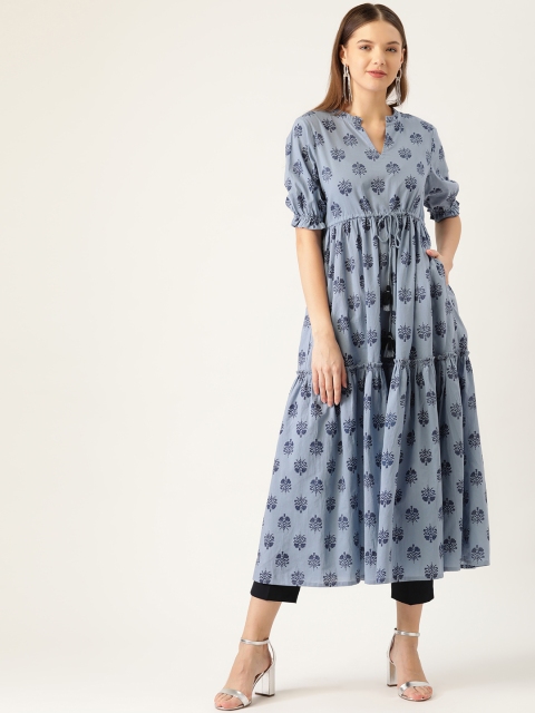 

all about you Women Blue Cotton Tiered Ethnic Motifs Printed Anarkali Kurta