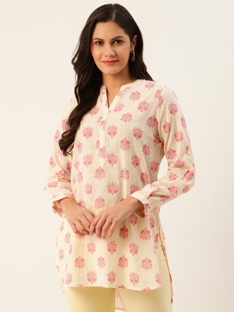 

all about you Women Cream-Coloured & Pink Pure Cotton Printed High-Low Straight Kurti