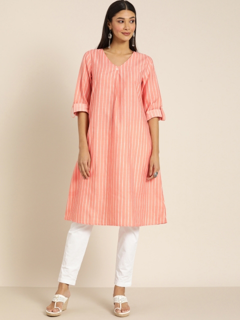 

All About You Women Peach-coloured & White Striped A-Line Kurta