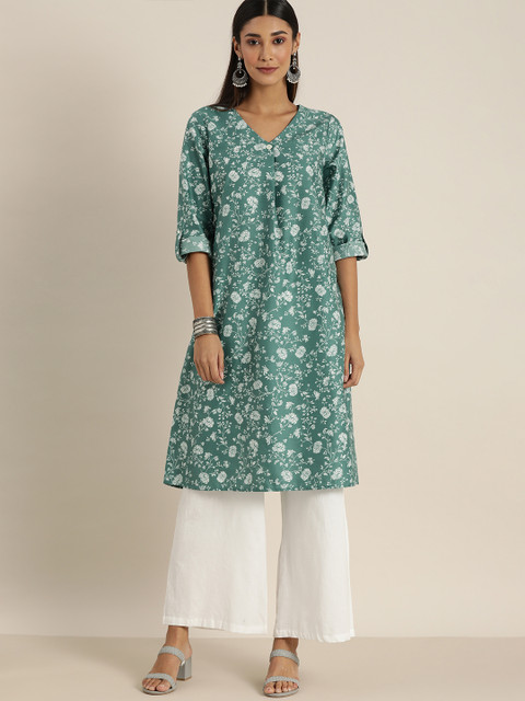 

All About You Women Teal Blue Floral Printed Kurta