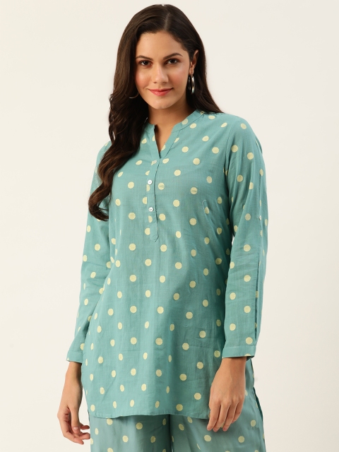 

all about you Women Blue & Off-White Pure Cotton Printed High-Low Straight Kurti