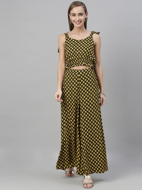 

Global Desi Women Black & Mustard Yellow Printed Top with Palazzos