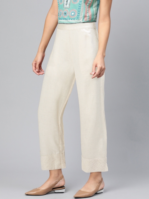

Global Desi Women Off-White Regular Fit Solid Formal Trousers with Pleated Detail