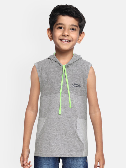 

GAME BEGINS Boys Grey Colourblocked Hooded Cotton Pure Cotton T-shirt