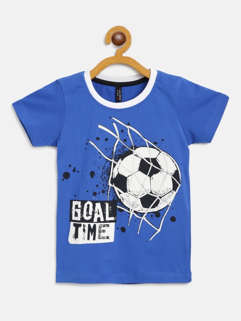 

GAME BEGINS Boys Blue White Pure Cotton Football Print Round Neck Pure Cotton T-shirt
