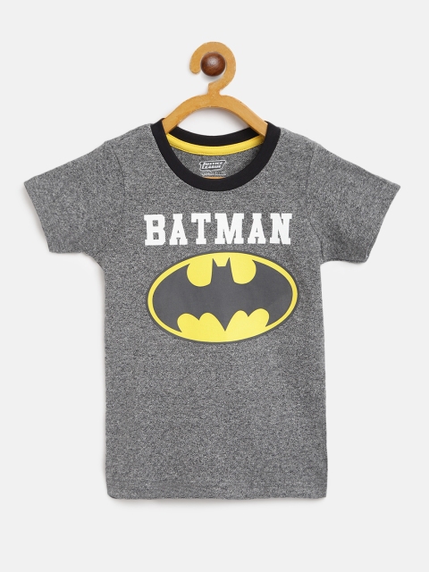 

GAME BEGINS Boys Charcoal Grey & Yellow Pure Cotton Batman Print Round Neck T-shirt