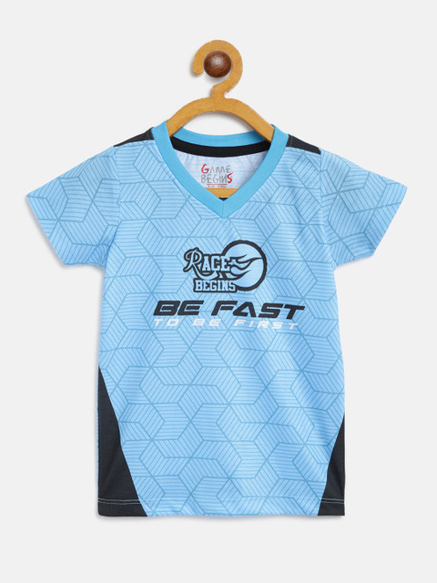 

GAME BEGINS Boys Blue Black Pure Cotton Geometric Print V-Neck Pure Cotton T-shirt