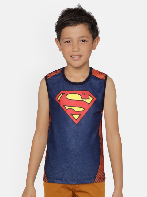 

GAME BEGINS Boys Navy Blue Yellow Pure Cotton Superman Print Round Neck Pure Cotton T-shirt