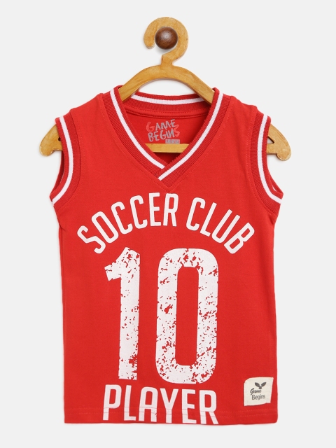 

GAME BEGINS Boys Red White Pure Cotton Varsity Print V-Neck Pure Cotton T-shirt