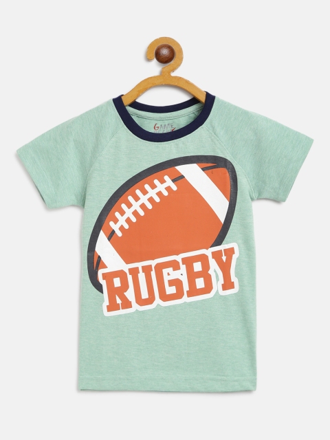 

GAME BEGINS Boys Mint Green & Rust Orange Pure Cotton Rugby Print Round Neck T-shirt
