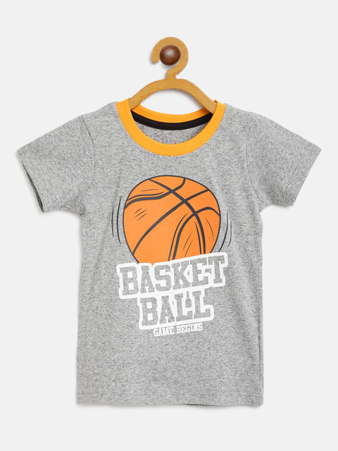 

GAME BEGINS Boys Grey Melange Orange Pure Cotton Basketball Print Round Neck Pure Cotton T-shirt