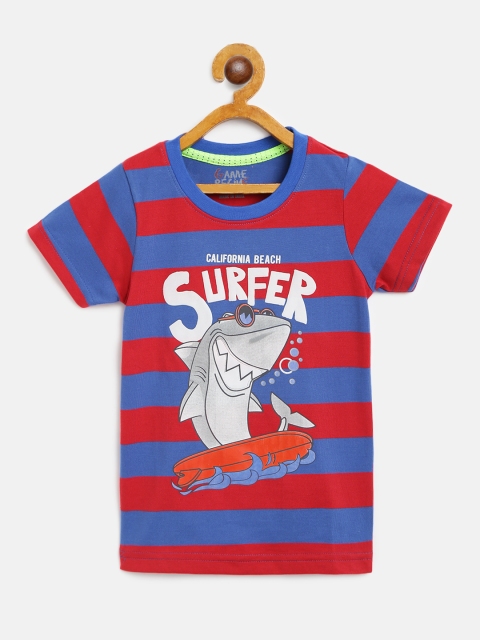 

GAME BEGINS Boys Blue & Red Striped & Shark Print Pure Cotton T-shirt