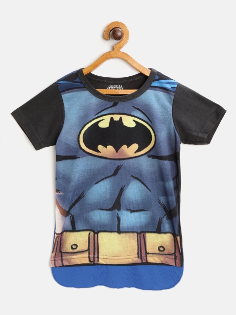 

GAME BEGINS Boys Blue Black Batman Print Cotton Pure Cotton T-shirt with Attached Cape