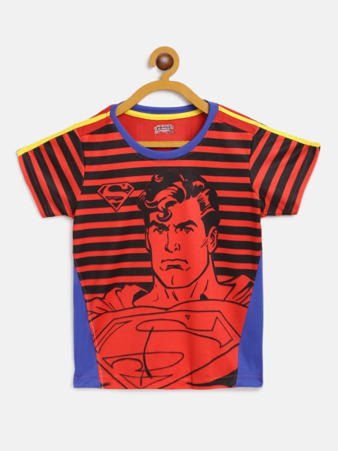 

GAME BEGINS Boys Red & Black Striped & Superman Print Pure Cotton Round Neck T-shirt