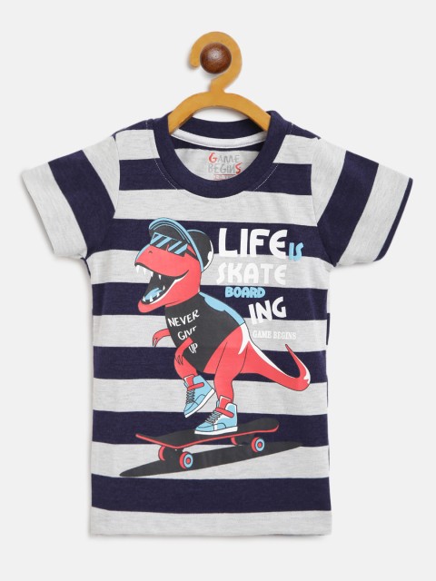 

GAME BEGINS Boys Assorted Striped & Dinosaur Print Pure Cotton Round Neck T-shirt