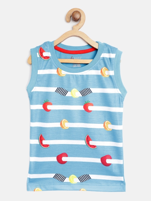 

GAME BEGINS Boys Blue Off-White Fruit Print Round Neck Pure Cotton T-shirt