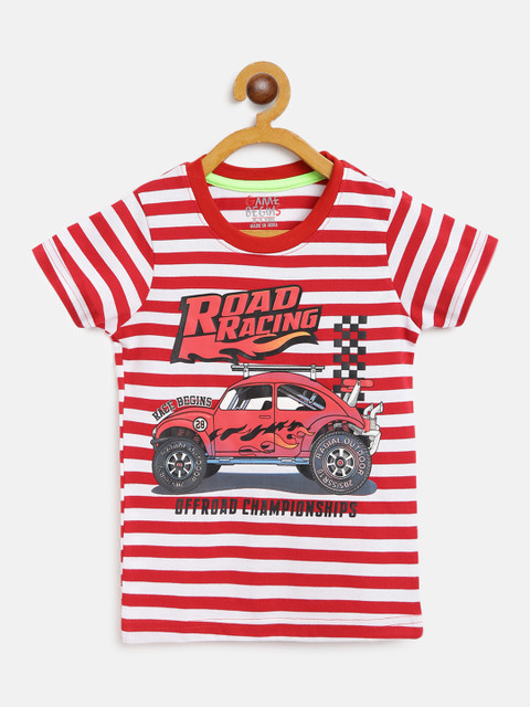 

GAME BEGINS Boys Red & White Cotton Striped Round Neck T-shirt with Printed Detail