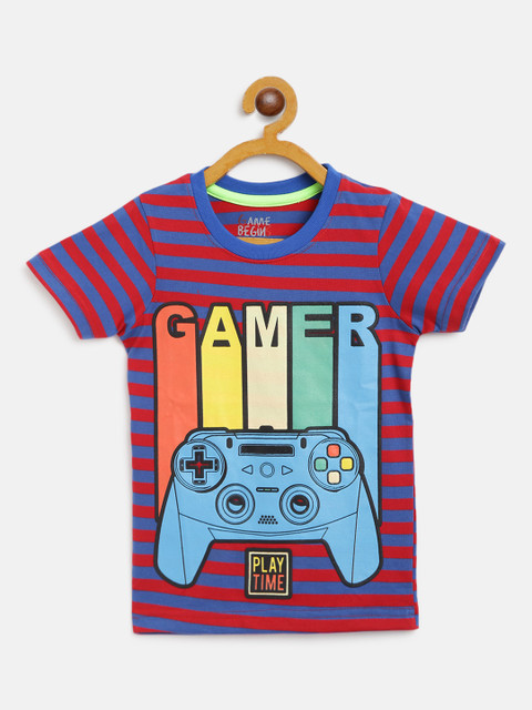 

GAME BEGINS Boys Blue & Red Cotton Striped Printed Round Neck T-shirt