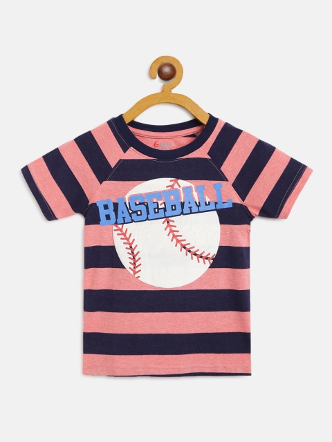 

GAME BEGINS Boys Pink & Navy Cotton Striped Printed Round Neck T-shirt