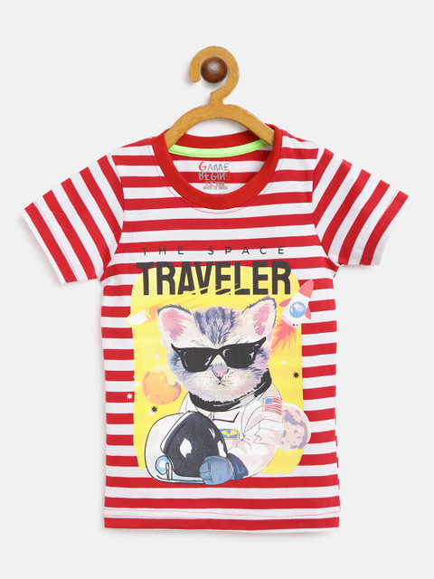 

GAME BEGINS Boys Red & White Pure Cotton Striped & Cat Print Round Neck T-shirt