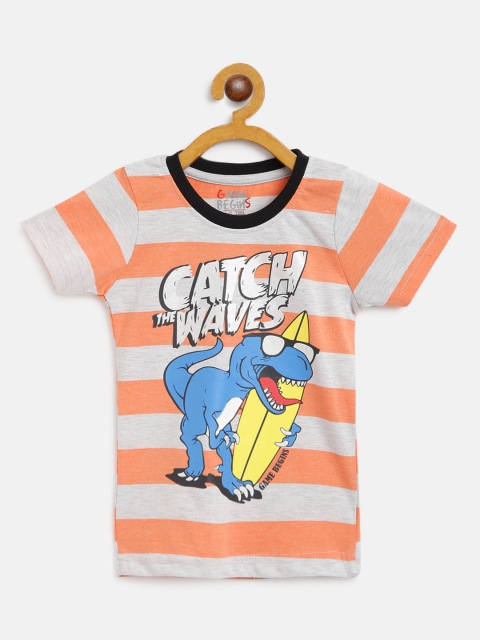 

GAME BEGINS Boys Orange & Grey Melange Pure Cotton Striped & Printed Round Neck T-shirt