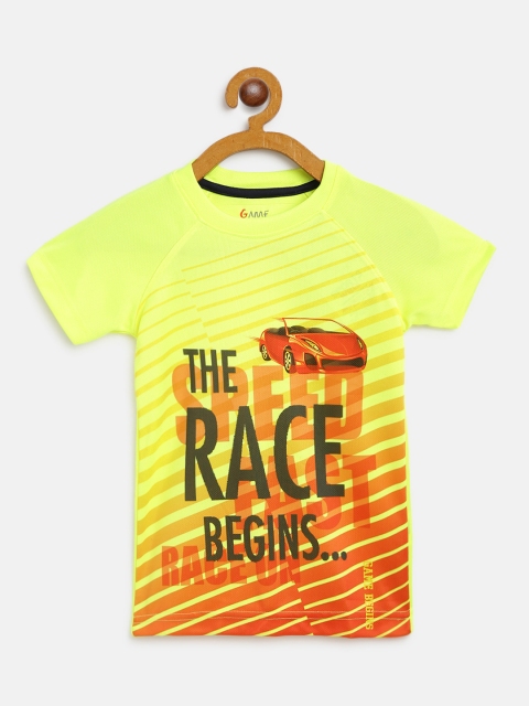 

GAME BEGINS Boys Fluorescent Green & Orange Pure Cotton Printed Round Neck T-shirt