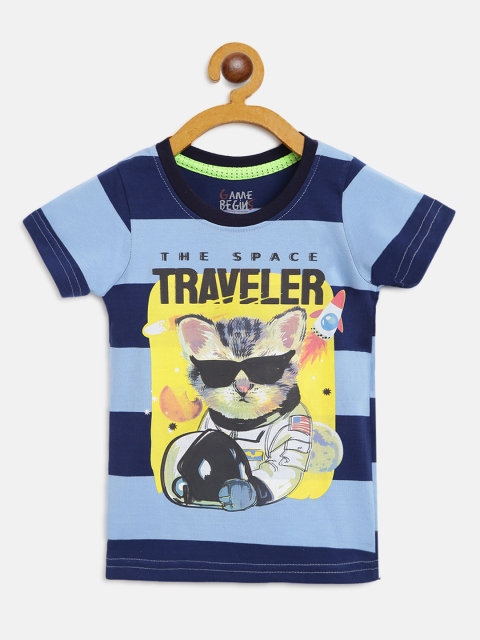 

GAME BEGINS Boys Navy Blue& Yellow Pure Cotton Striped & Cat Print Round Neck T-shirt