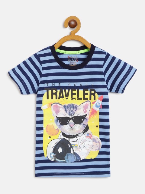 

GAME BEGINS Boys Blue & Yellow Striped & Space Cat Print Pure Cotton T-shirt