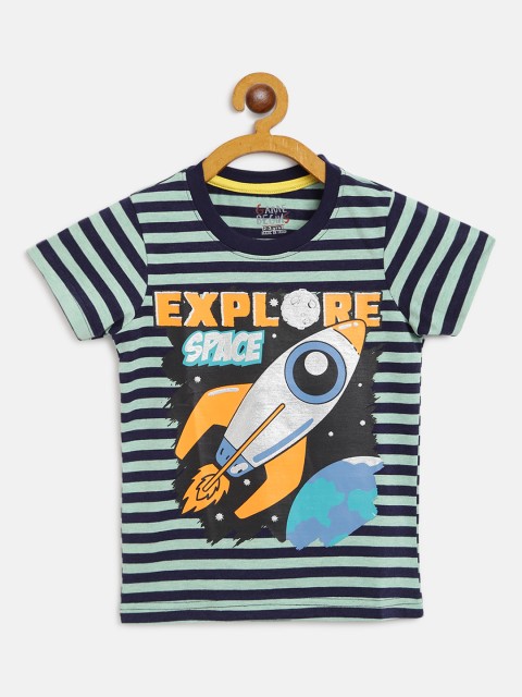 

GAME BEGINS Boys Sea Green & Navy Striped & Space Shuttle Print Pure Cotton T-shirt