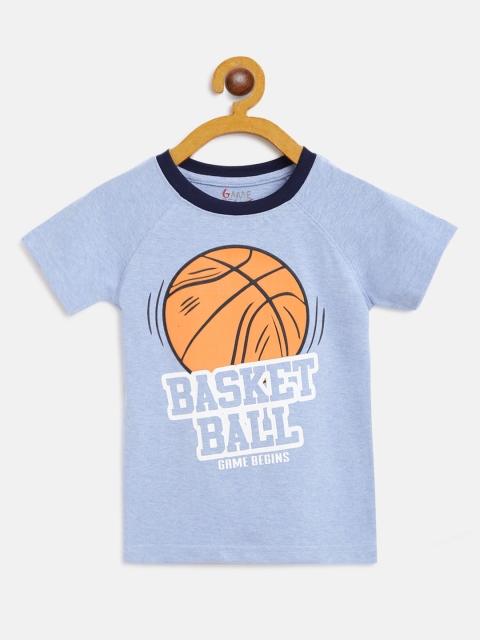 

GAME BEGINS Boys Blue & Orange Basketball Print Pure Cotton Round Neck T-shirt