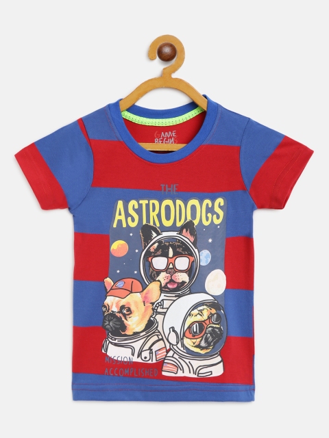 

GAME BEGINS Boys Blue & Red Striped & Astrodogs Print Pure Cotton T-shirt