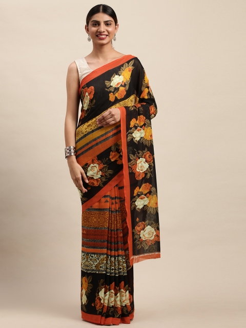 

Shaily Black & Mustard Yellow Floral Printed Saree