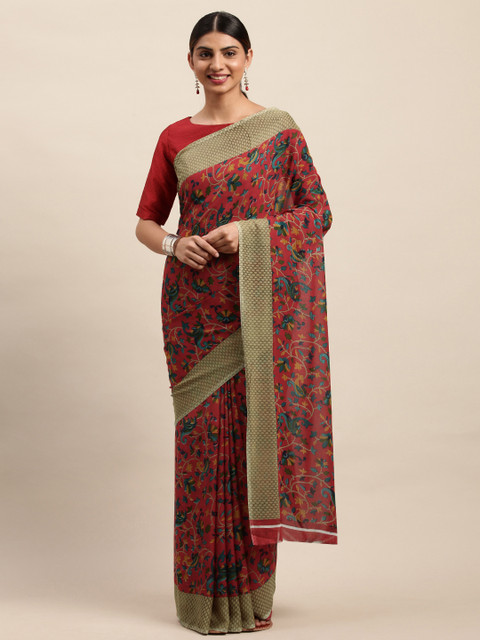 

Shaily Red & Teal Blue Floral Printed Saree