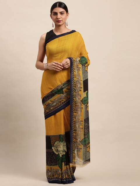 

Shaily Mustard Yellow & Black Floral Printed Saree