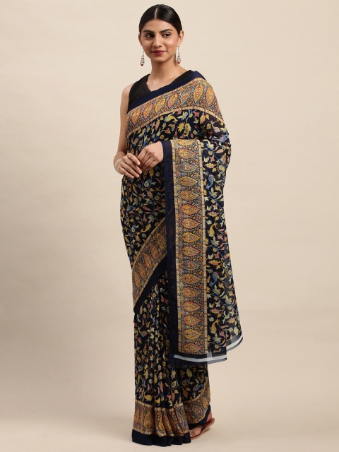 

Shaily Navy Blue & Yellow Floral Printed Saree