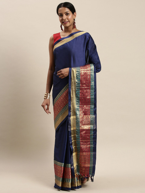 

Mitera Navy Blue & Red Solid Kanjeevaram Saree