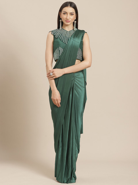 

KHALOM Green Solid Ready To Wear Saree with Stitched Blouse
