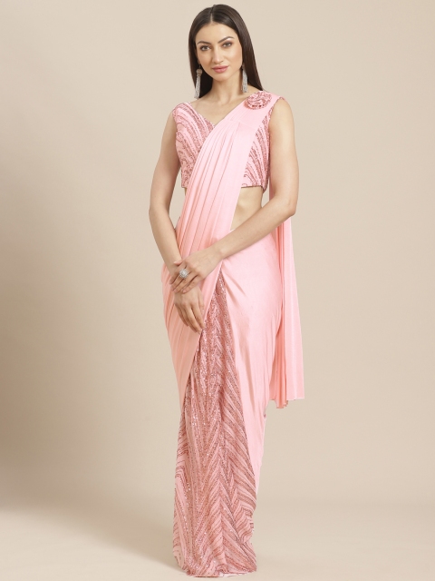 

KHALOM Pink Sequinned Ready To Wear Saree with Stitched Blouse