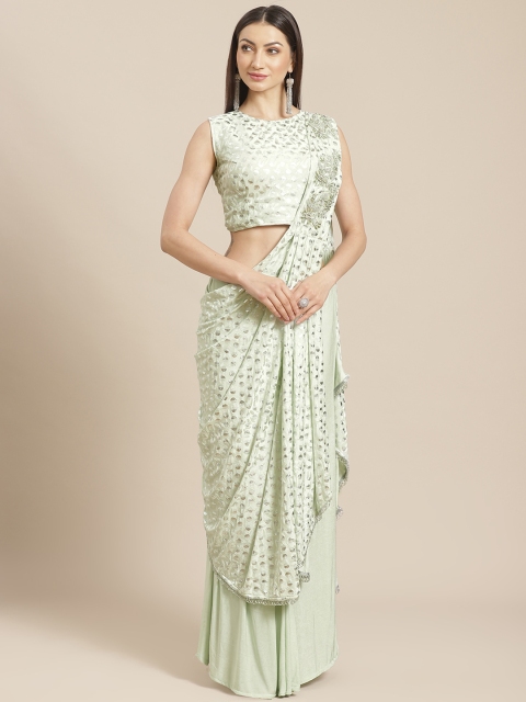 

KHALOM Green & Silver Self-Design Ready To Wear Palazzo Saree with Stitched Blouse