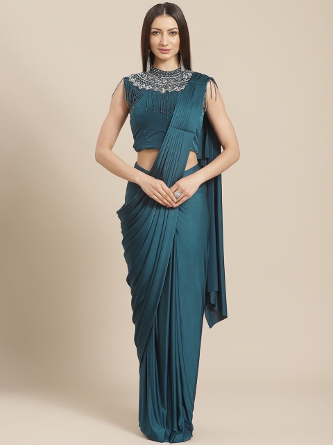 

KHALOM Teal Solid Ready To Wear Saree with Stitched Blouse