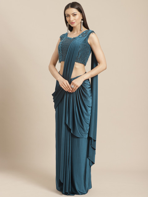 

KHALOM Teal Blue Solid Ready To Wear Saree with Stitched Blouse