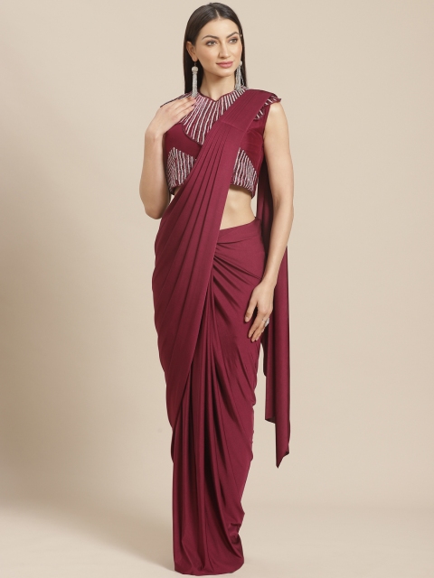 

KHALOM Maroon Solid Ready To Wear Saree with Stitched Blouse