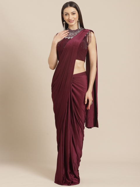 

KHALOM Maroon Solid Ready To Wear Saree with Stitched Blouse