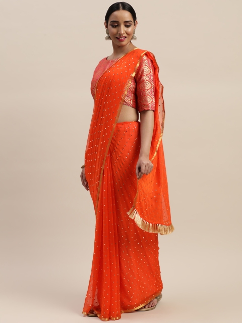 

LADUSAA Orange & Golden Embellished Pochampally Saree