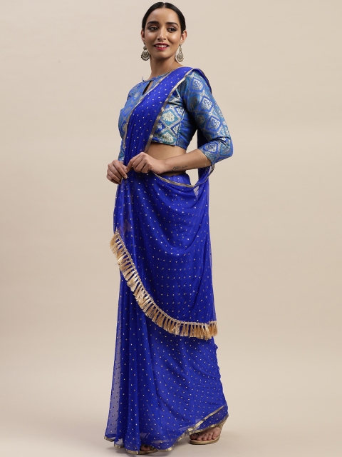 

LADUSAA Blue Poly Chiffon Embellished Pochampally Saree