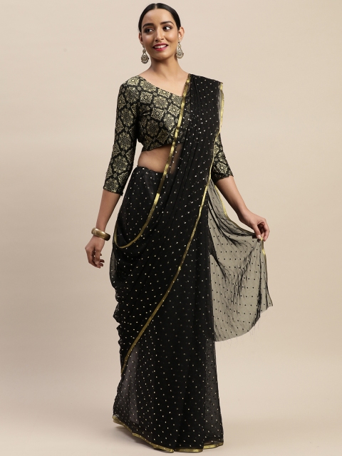 

LADUSAA Black Poly Chiffon Embellished Pochampally Saree