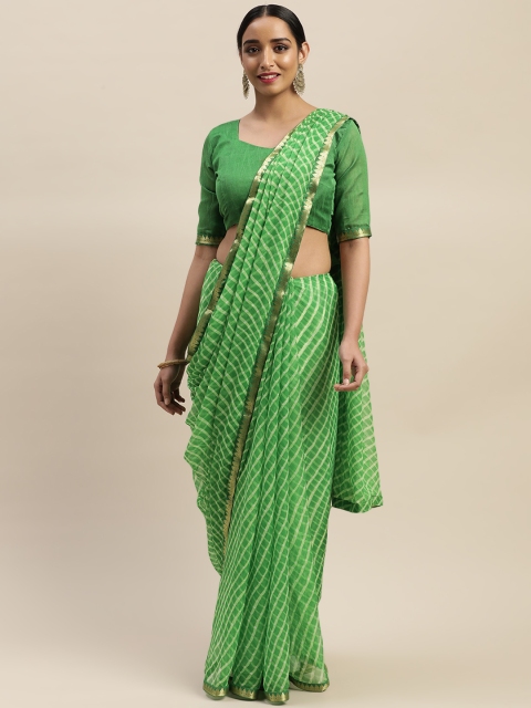 

LADUSAA Green & White Checked Leheriya Saree