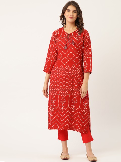 

Maaesa Women Red & White Printed Kurta with Trousers