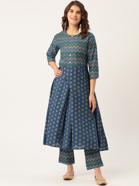 

Maaesa Women Teal Blue & Green Printed Kurta with Trousers